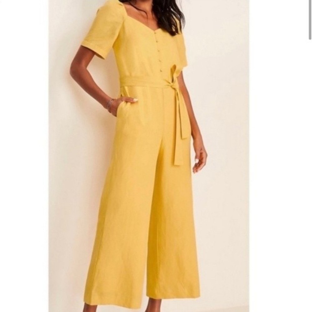 NWT Ann Taylor Marigold Yellow Linen Lyocell Wide Leg Cropped Jumpsuit Size 12